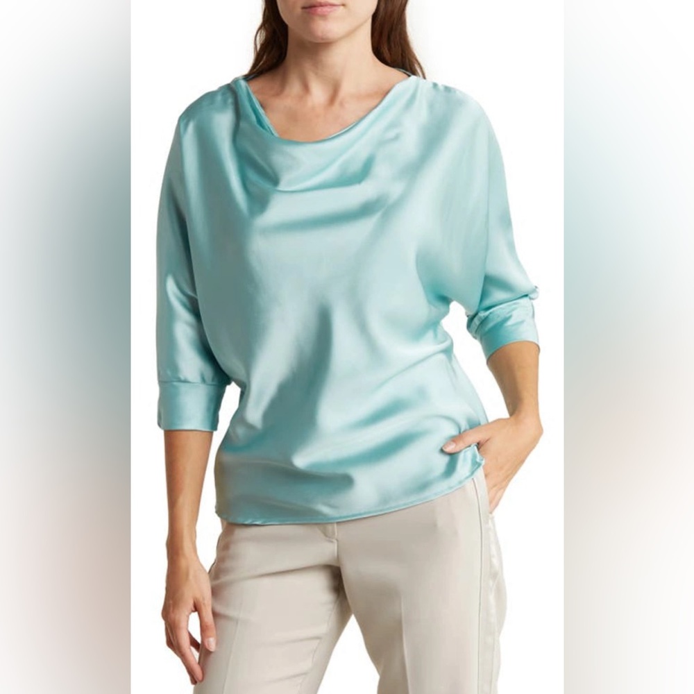 Renee C Steel Blue Cowl Neck Satin Blouse Size XL NWT